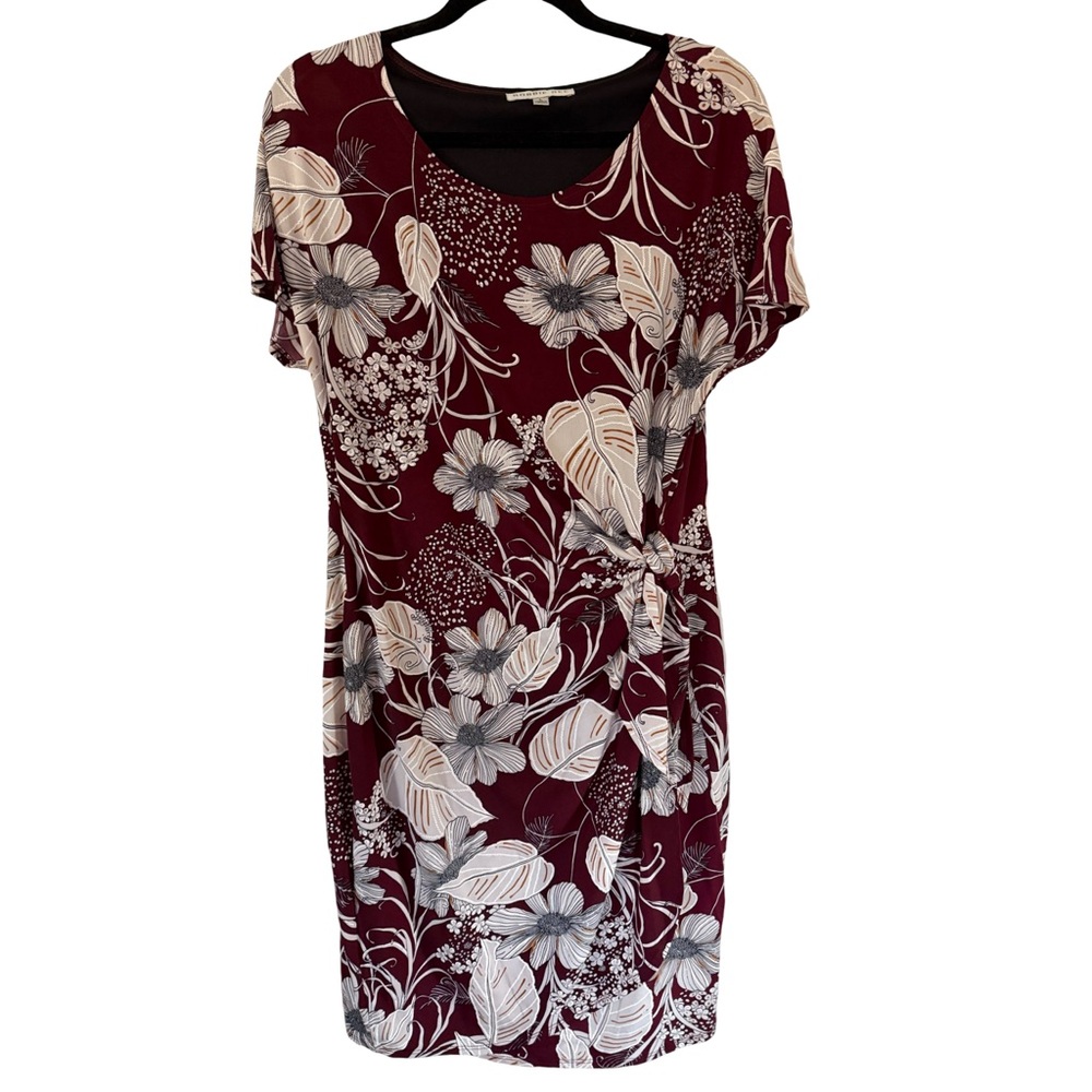 Robbie Bee Burgundy Floral Wrap Dress Size L Short Sleeve Side Tie - Picture 2 of 5